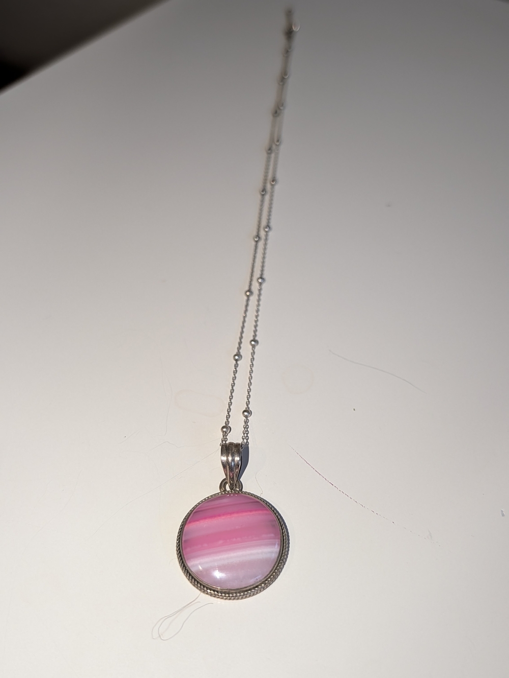Silver Necklace with Pink Striped Pendant